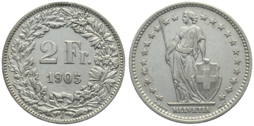 2 Franken 1905 B - fast vorzüglich